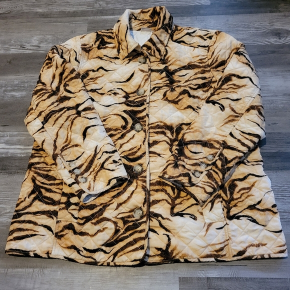 Chico's Jacket Women’s 3/XL Brown Tiger Prints Quilted Pockets Long Sleeve - Picture 1 of 10